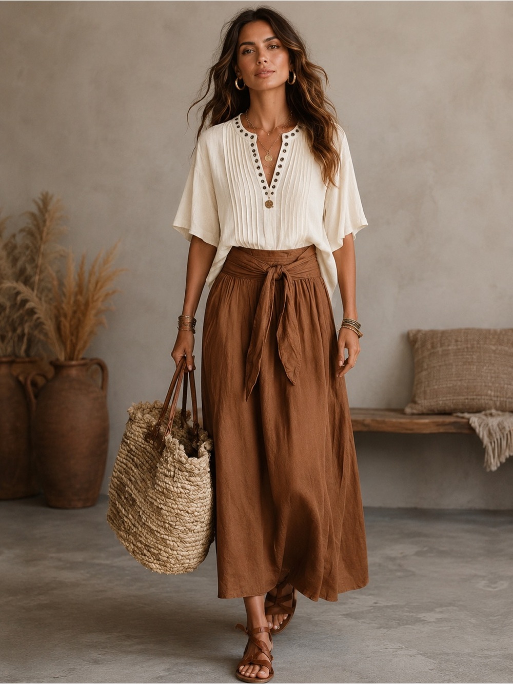 Denim & Supply Ralph Lauren Cream Boho Pleated Rivet Flutter Top M